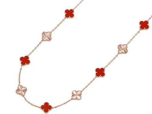 Van Cleef & Arpels Vintage Alhambra 20 Motifs Red Carnelian & Guilloch? 18K Rose Gold Necklace