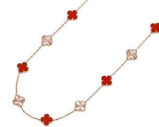 Van Cleef & Arpels Vintage Alhambra 20 Motifs Red Carnelian & Guilloch? 18K Rose Gold Necklace