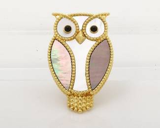 Van Cleef & Arpels Lucky Animals Owl 18K Gold Brooch with Shell, Pearl & Onyx Inlays