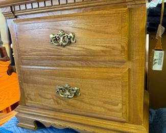 Full size bed frame set: headboard and footboard, two side tables, one six drawer dresser.