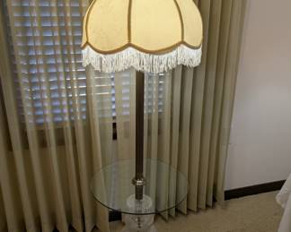 Crystal and brass base, glass table top, floor lamp with bell shade