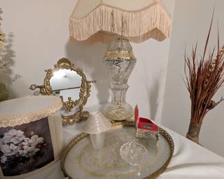 pretty vintage tray and trinkets, piano music box