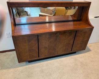 MCM Vintage Lane lighted, walnut mirror, credenza 