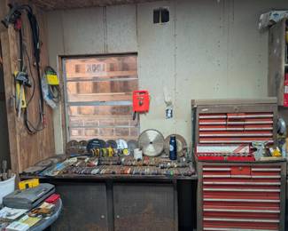 Packed garage! tools, hand tools, saw blades, tool chest, etc.