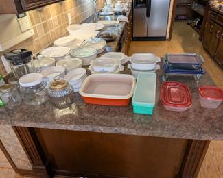Loads of white Pyrex bakeware with lids. Blue and white flower Pyrex dishes with lids