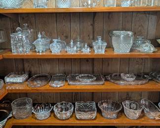 Crystal pitchers, candy dishes, trays, platters, condiment servers 