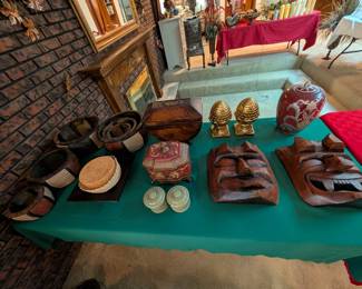 Vintage decor, nesting bowls, handmade basket, decorative trinket boxes, Japanese style wooden tribal masks, Asian style urn