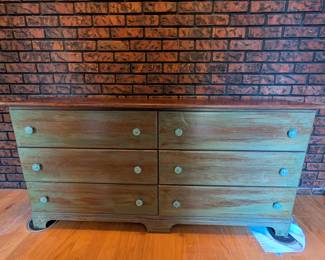 Starting at the front door - super cute teal-distressed dresser