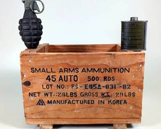 Inert Mk 2 Grenade, Empty WWII Rifle Bore Cleaner Tin, And 45 Auto Ammo Crate