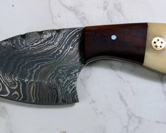 Custom Damascus Fixed Blade Knife, 3" Blade, In Tooled Leather Sheath