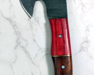 Custom Damascus Hatchet, 3" Blade, In Leather Sheath