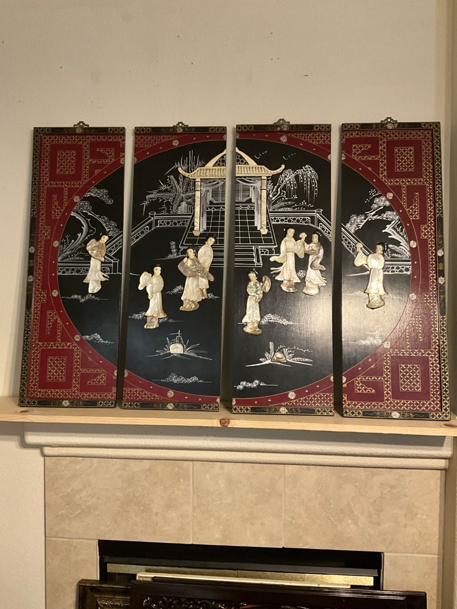 Mother-of-pearl inlay, also known as 'MOP' or 'shell inlay,' is a decorative technique that has been used for centuries in various cultures, particularly in East Asia. It involves cutting and shaping pieces of iridescent shell, typically from oysters or abalone, and embedding them into a surface, often lacquer or wood, to create intricate designs. This technique is highly prized for the shimmering, colorful effect of the shell, which changes with the light.
These types of panels, often depicting scenes of courtly life, landscapes, or mythical creatures, were popular decorative items, especially during the late 19th and 20th centuries. They were frequently produced in China and other East Asian countries for both domestic use and export markets, becoming sought-after decorative pieces for homes and businesses worldwide. estimate this set of four mother-of-pearl wall panels to be valued between $100-$200 USD. Sale $100
