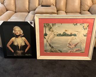 A 1940s framed scenic print of egrets by Billy Seay for Turner. Billy Seay was a prolific artist and designer known for his decorative prints, particularly those featuring tropical scenes and wildlife, popular in mid-20th century interior design. His work often graced the collections of prominent design houses like Turner Manufacturing Company, which specialized... estimate this framed print to be valued between $800-$1,200 USD. Sale price, $150, we will throw in the Maryland Monroe picture with it.