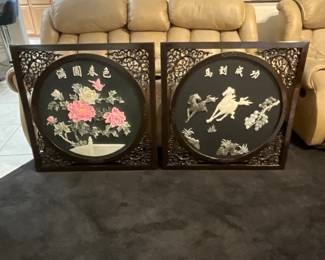 Decorative wall plaques featuring floral motifs and calligraphy are a significant part of Chinese art and interior design, often symbolizing prosperity, beauty, and good fortune. Peonies, in particular, are highly revered in Chinese culture, representing wealth, honor, and a happy marriage. These pieces are frequently crafted using traditional techniques, showcasing intricate carving and painting skills passed down through generations.
estimate this Chinese decorative wall plaque to be valued between $150-$300 USD.
This type of artwork often serves as a focal point in a room, adding a touch of elegance and cultural richness. The combination of the circular design, the detailed floral arrangement, and the auspicious calligraphy suggests it was intended to bring good luck and aesthetic pleasure to its owner. Such pieces can range from mass-produced decorative items to more finely crafted artisanal works, depending on the materials and the level of detail. $150 for both.