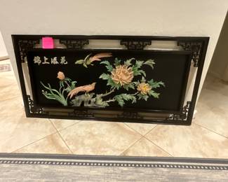 Chinese mother-of-pearl inlaid wall panel with peonies and birds. estimate this Chinese decorative panel to be valued between $300-$600 USD. Sale price, 150.00