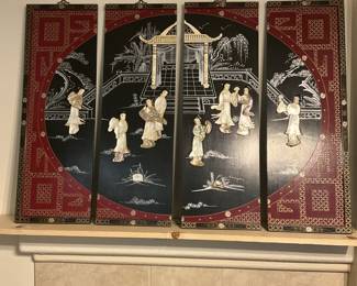 Mother-of-pearl inlay, also known as 'MOP' or 'shell inlay,' is a decorative technique that has been used for centuries in various cultures, particularly in East Asia. It involves cutting and shaping pieces of iridescent shell, typically from oysters or abalone, and embedding them into a surface, often lacquer or wood, to create intricate designs. This technique is highly prized for the shimmering, colorful effect of the shell, which changes with the light.
These types of panels, often depicting scenes of courtly life, landscapes, or mythical creatures, were popular decorative items, especially during the late 19th and 20th centuries. They were frequently produced in China and other East Asian countries for both domestic use and export markets, becoming sought-after decorative pieces for homes and businesses worldwide. estimate this set of four mother-of-pearl wall panels to be valued between $100-$200 USD. Sale $100