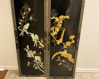 Vintage Chinoiserie black lacquer wall panels with mother-of-pearl inlay. estimate these decorative wall panels to be valued between $150-$350 USD. Sale price, $75.00