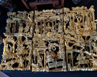 3 Chinese carved wood gilt gold panels 