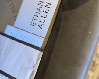 Ethan Allen Spencer Track Arm Chair Upholstered in Sherwood Grey Leather. Measures 43" W x 38" D. Photo 5 of 5.