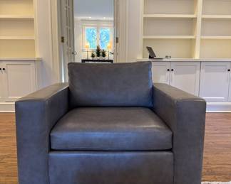 Ethan Allen Spencer Track Arm Chair Upholstered in Sherwood Grey Leather. Measures 43" W x 38" D. Photo 1 of 5.