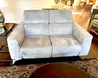 Contemporary ice grey micro fiber electric recliner love seat
