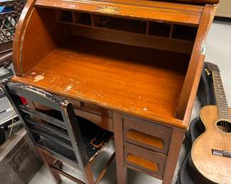 Kids wood roll top desk and chair