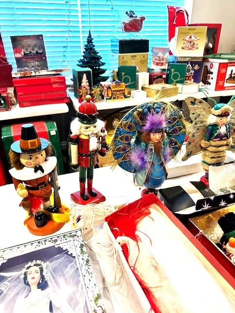 Neiman Marcus Nutcrackers and room filled with Christmas decorations.
