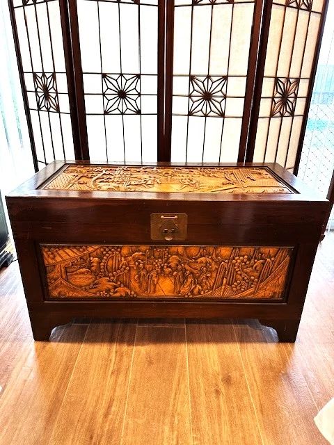 Asian Camphorwood Chest with deep handcarving on all sides. 