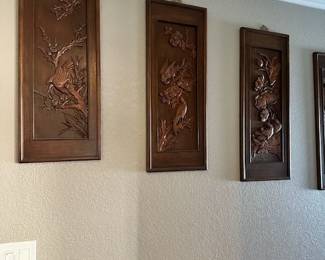 (4) Teak Hand Carved wooden wall panels featuring birds