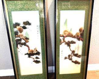 Rare Vintage 3D shadow boxes with shell art depicting squirrels on trees