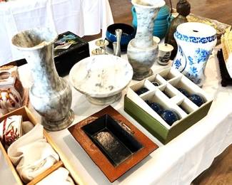 White/Grey carved marble vases & Many sake sets to chose from