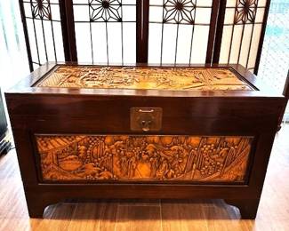 Asian Camphorwood Chest with deep handcarving on all sides.