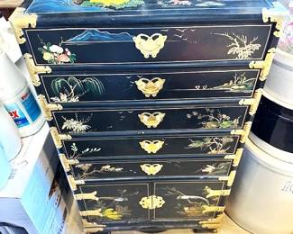 Chinese black lacquered intricate hand painted silverware or jewelry chest with gold accents. Stunning!
