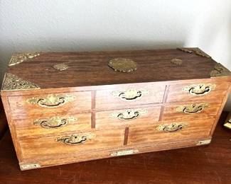 Vintage Japanese Tansu-style jewelry chest or box with brass hardware