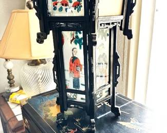 RARE Chinese wooden lantern with reverse painted glass panels