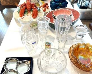 Crystal vases and bowls.