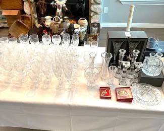 Tables and Cabinets filled with Crystal Waterford glasses