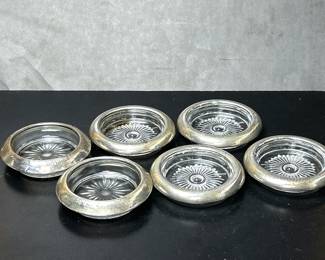 Vintage sterling silver over glass drink coasters
