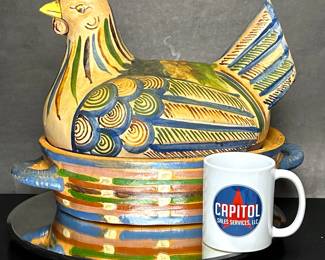 Vintage Mexican Tlaquepaque Pottery Chicken Hen on Nest Casserole Dish