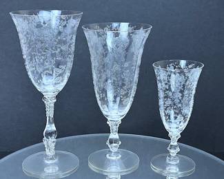 Vintage elegant glass ware by Cambridge in the Rosepoint needle point etching