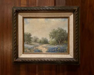 Original small landscape painting of Texas Blue Bonnets by San Antonio artist, Hazel Massey