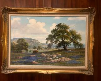 Original oil on canvas painting of Texas hill country blue bonnets by Texas artist Cynthia Bryant Watkins, daughter of Texas artist, Jack Bryant