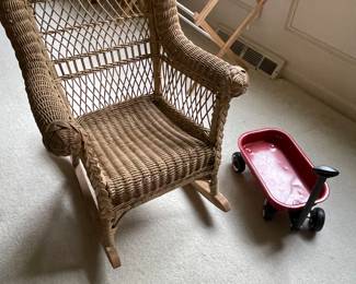 child size rocker, doll size red wagon