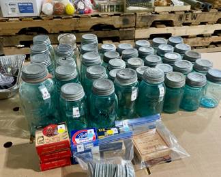 Many blue canning jars 