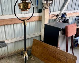 Lantern, sewing table, mini fridge, stool