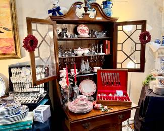 VINTAGE SECRETARY HUTCH LOADED WITH FLATWARE AND BACCARAT!