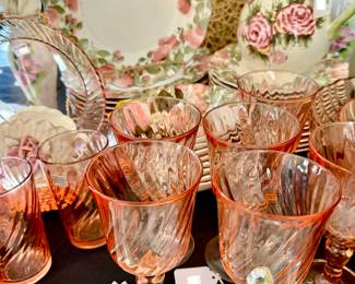 ARCOROC LUMINARC ROSALINE PINK SWIRL GLASSES, PLATES.