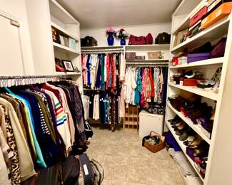 LARGE WALK-IN CLOSET WITH 6 RACKS OF SHOES, SIZE 10 STUART WEITZMAN, VANELI, CLARKS, FRANCO SARTO, ANNE KLEIN.
