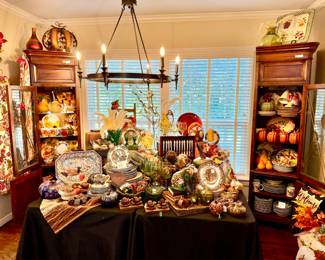 FALL THANKSGIVING ROOM WITH JOHNSON BROTHERS "FRIENDLY VILLAGE", STAFFORD TURKEY PLATES, SUNFLOWERS, ETC.