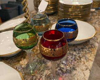 4 mint  Hock Gold Glitter Overlay crystal goblets